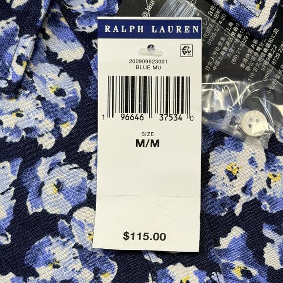 Lauren Ralph Lauren Shirt Womens Medium Blue Floral Linen Button Front Top - Picture 11 of 13